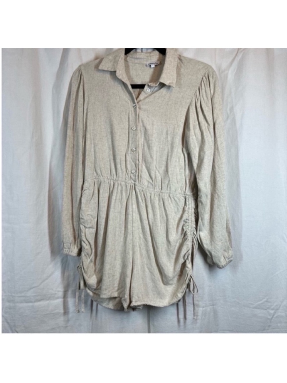 candidly chan linen blend long sleeve ruched romper neutral minimal breathable